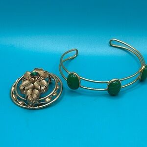 Vintage green and gold brooch and bracelet costume jewelry, st Patrick’s day